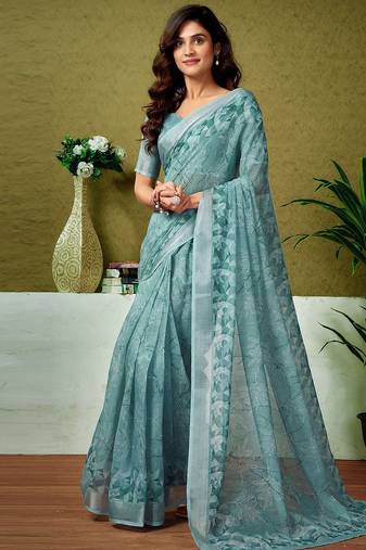 Blue tie & dye printed  linen ready to wear saree with unstitched blouse