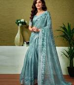 Blue tie & dye printed  linen ready to wear saree with unstitched blouse