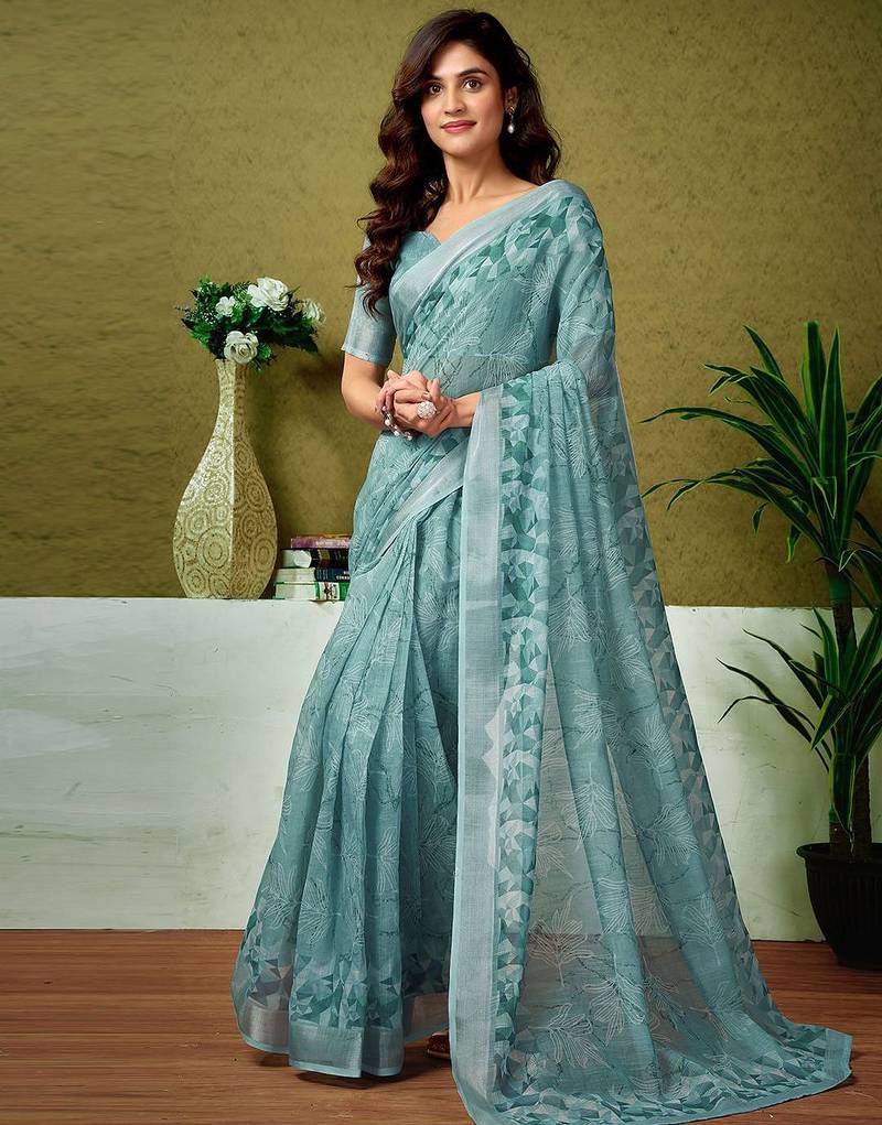 Blue tie & dye printed  linen ready to wear saree with unstitched blouse