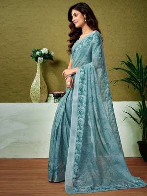 Blue tie & dye printed  linen ready to wear saree with unstitched blouse 2