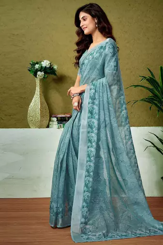 Blue tie & dye printed  linen ready to wear saree with unstitched blouse