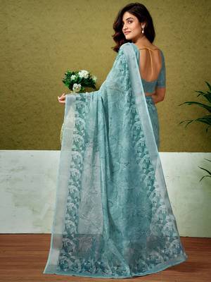 Blue tie & dye printed  linen ready to wear saree with unstitched blouse 3