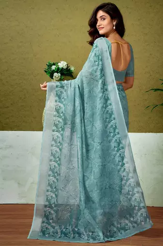 Blue tie & dye printed  linen ready to wear saree with unstitched blouse