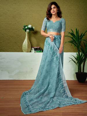 Blue tie & dye printed  linen ready to wear saree with unstitched blouse 4