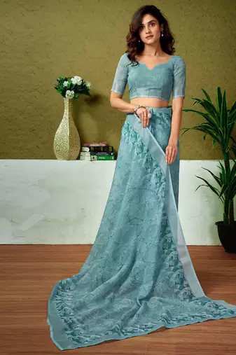 Blue tie & dye printed  linen ready to wear saree with unstitched blouse