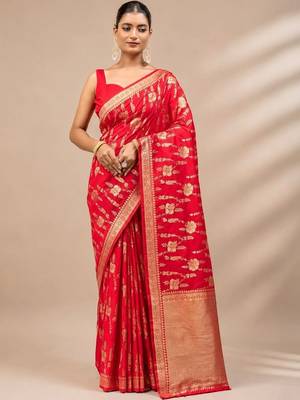 Red woven design zari art silk saree 1