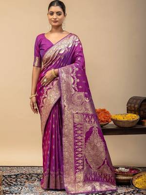 Purple women woven design zari art silk saree 1