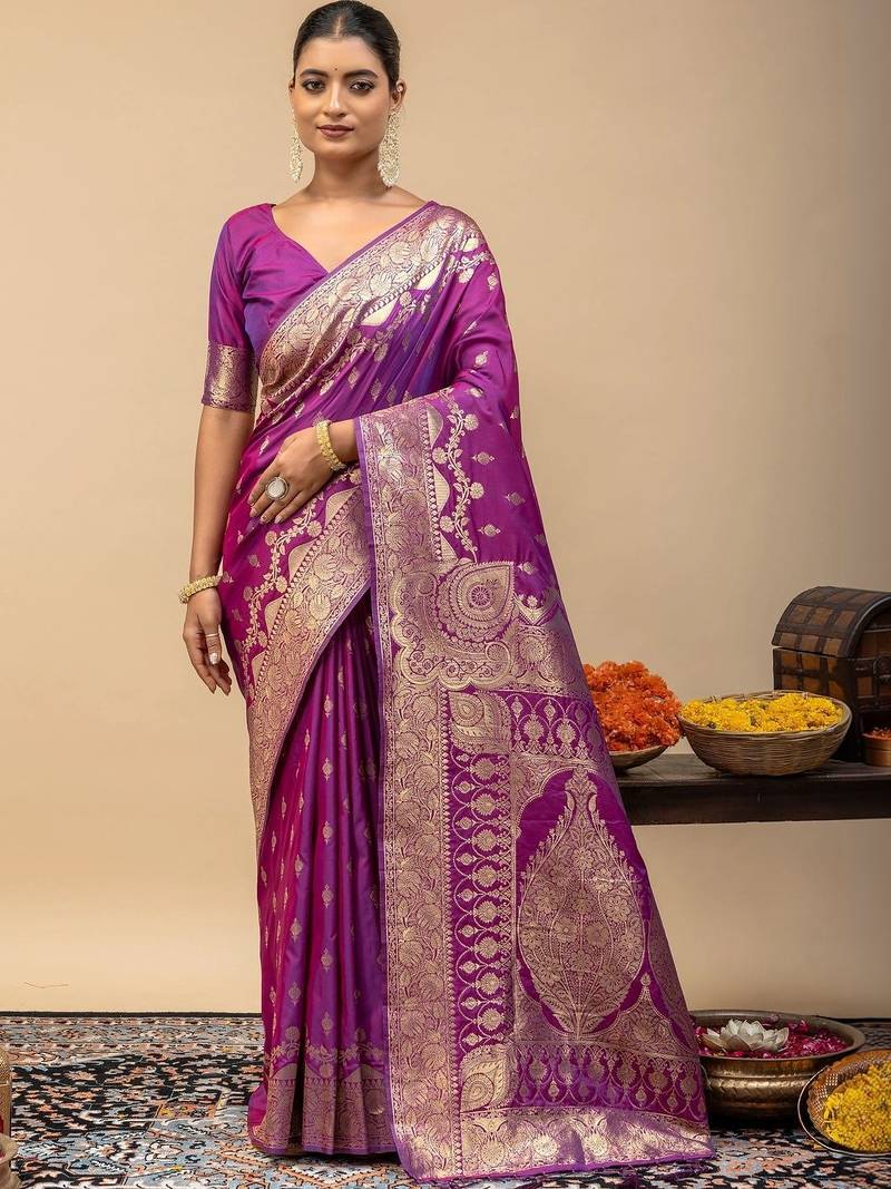 Purple women woven design zari art silk saree