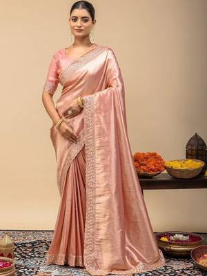 Peach embroidered tissue saree 1