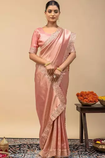Peach embroidered tissue saree