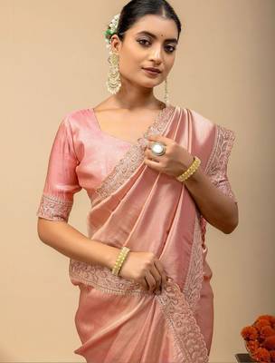 Peach embroidered tissue saree 3