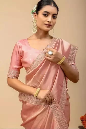 Peach embroidered tissue saree