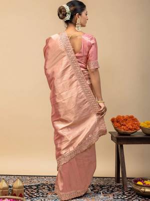 Peach embroidered tissue saree 4