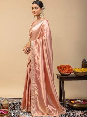Peach embroidered tissue saree 5