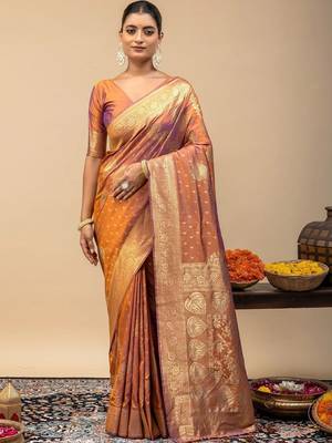 Orange ethnic motifs zari art silk designer saree 1