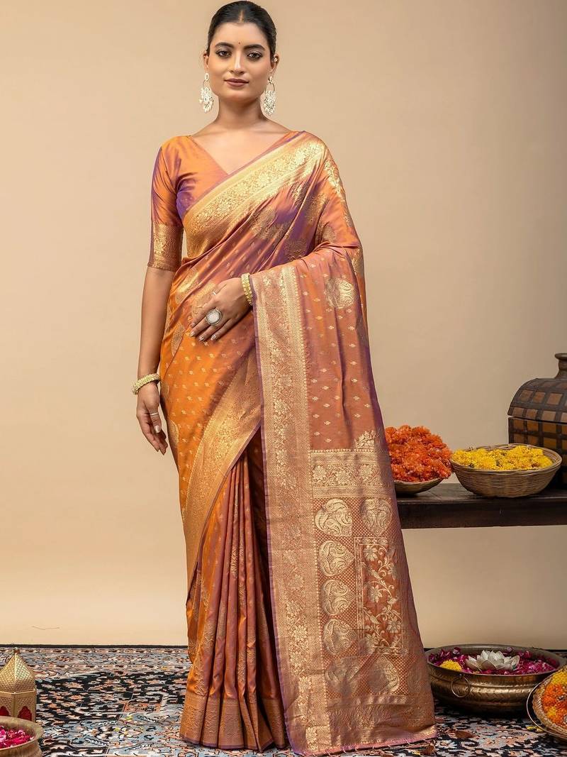 Orange ethnic motifs zari art silk designer saree