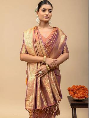 Orange ethnic motifs zari art silk designer saree 2