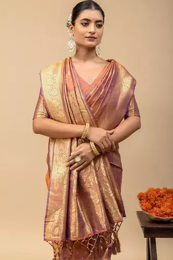 Orange ethnic motifs zari art silk designer saree