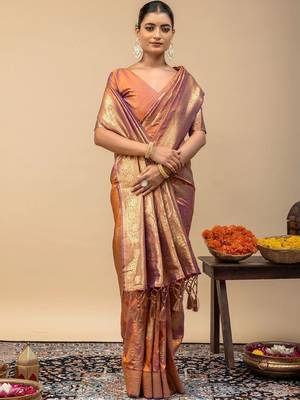 Orange ethnic motifs zari art silk designer saree 3