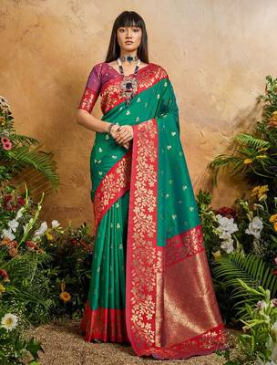 Green ethnic motifs woven design saree with unstitched blouse 1