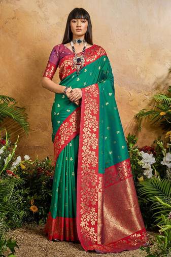 Green ethnic motifs woven design saree with unstitched blouse