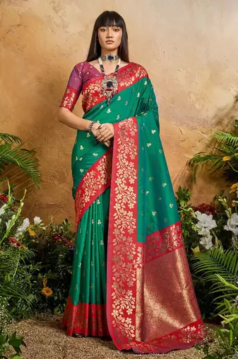 Green ethnic motifs woven design saree with unstitched blouse
