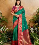Green ethnic motifs woven design saree with unstitched blouse