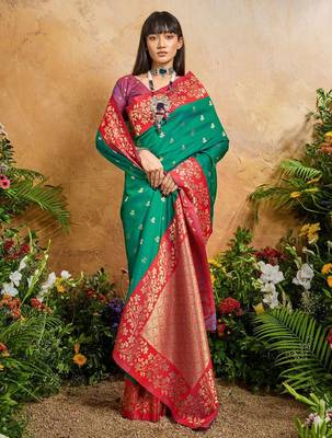 Green ethnic motifs woven design saree with unstitched blouse 2