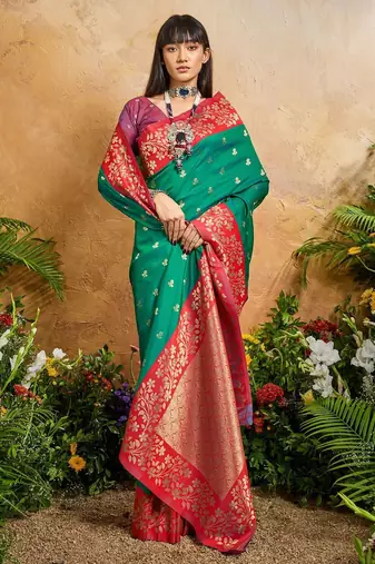 Green ethnic motifs woven design saree with unstitched blouse