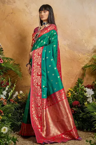 Green ethnic motifs woven design saree with unstitched blouse
