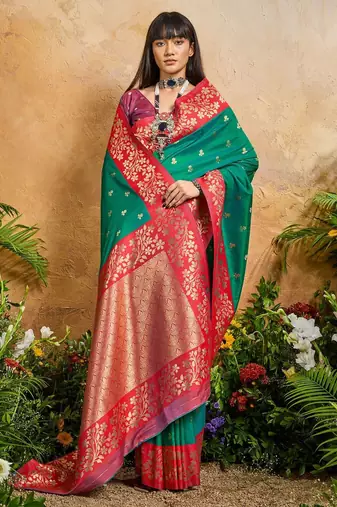 Green ethnic motifs woven design saree with unstitched blouse