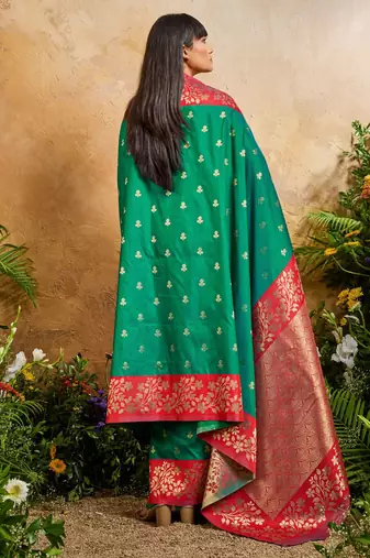Green ethnic motifs woven design saree with unstitched blouse