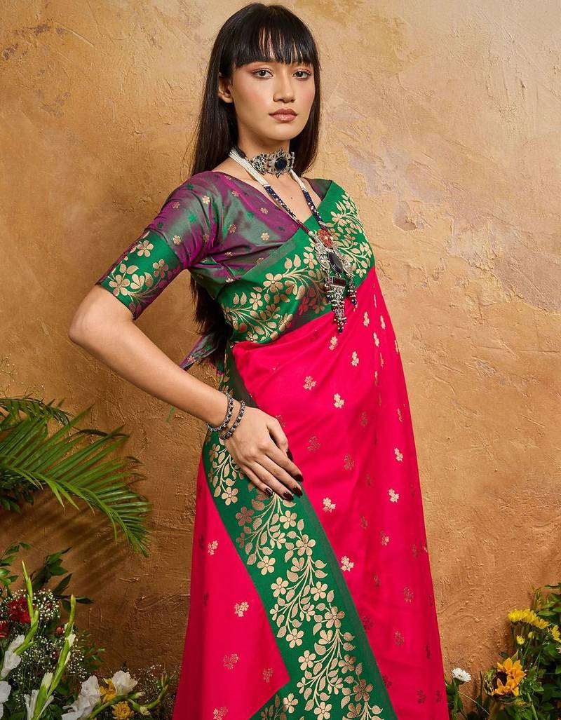 Pink ethnic motifs woven design saree with unstitched blouse