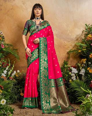Pink ethnic motifs woven design saree with unstitched blouse 2