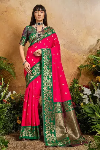 Pink ethnic motifs woven design saree with unstitched blouse