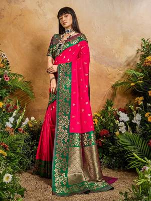 Pink ethnic motifs woven design saree with unstitched blouse 3