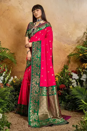 Pink ethnic motifs woven design saree with unstitched blouse