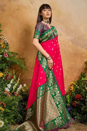 Pink ethnic motifs woven design saree with unstitched blouse