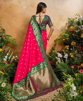 Pink ethnic motifs woven design saree with unstitched blouse 5
