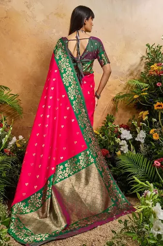 Pink ethnic motifs woven design saree with unstitched blouse