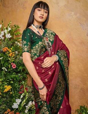 Maroon ethnic motifs woven design saree with unstitched blouse 1