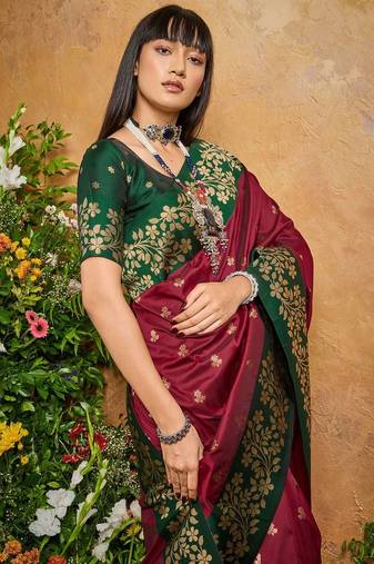 Maroon ethnic motifs woven design saree with unstitched blouse