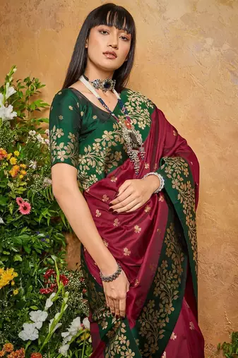 Maroon ethnic motifs woven design saree with unstitched blouse