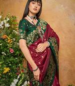 Maroon ethnic motifs woven design saree with unstitched blouse