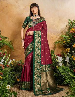 Maroon ethnic motifs woven design saree with unstitched blouse 2