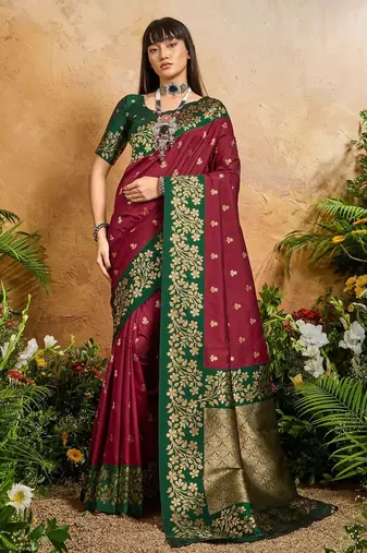 Maroon ethnic motifs woven design saree with unstitched blouse
