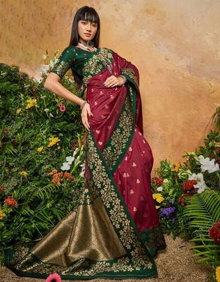 Maroon ethnic motifs woven design saree with unstitched blouse 3