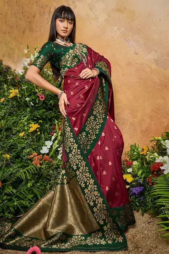 Maroon ethnic motifs woven design saree with unstitched blouse
