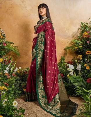 Maroon ethnic motifs woven design saree with unstitched blouse 5