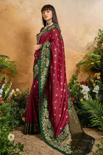 Maroon ethnic motifs woven design saree with unstitched blouse